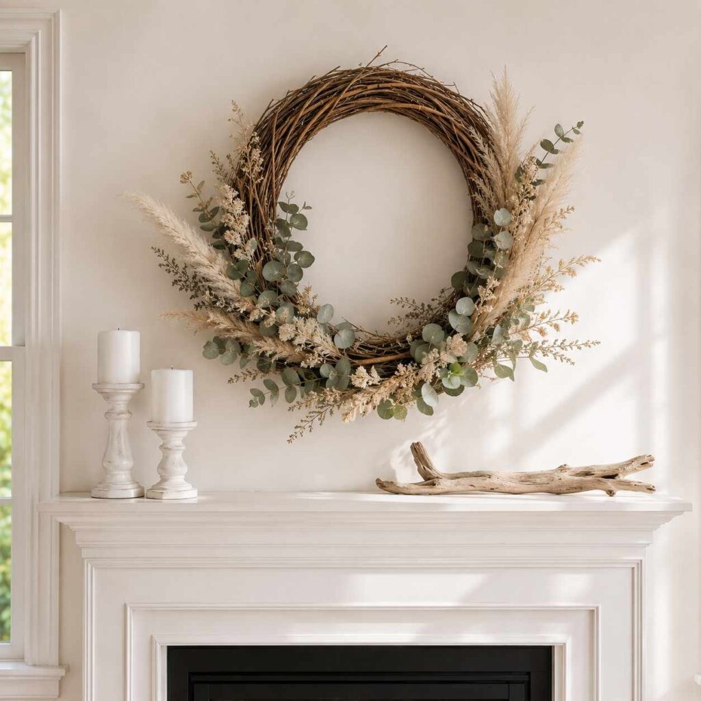 Beach-Inspired Wreath Above the Mantel