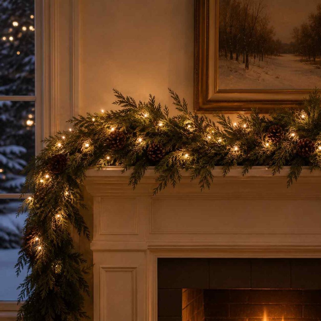 Evergreen Garland with White Lights