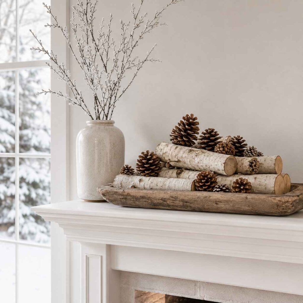 Snowy Birch and Pinecone Display