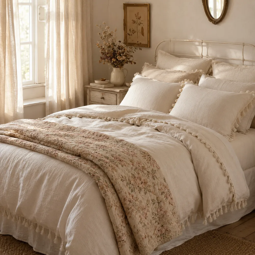 Anthropologie Tasseled Linen Bedding Set