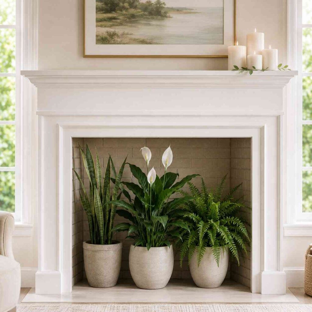Empty Fireplace Filled with Greenery