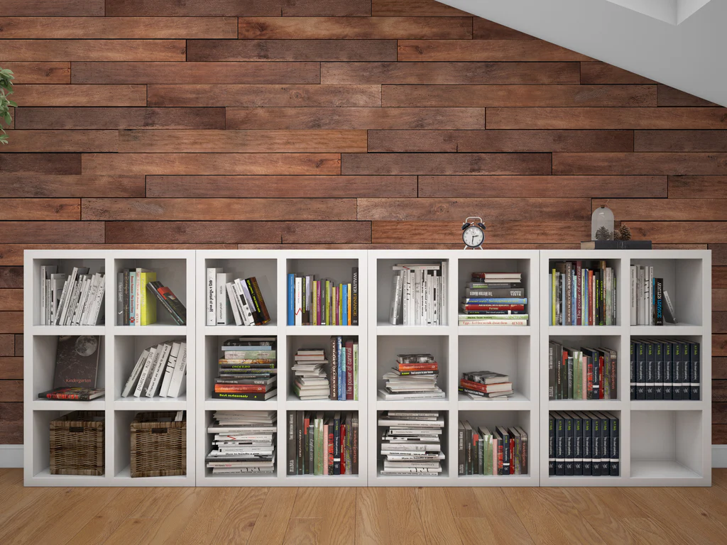 Use removable wallpaper on one wall or behind shelves