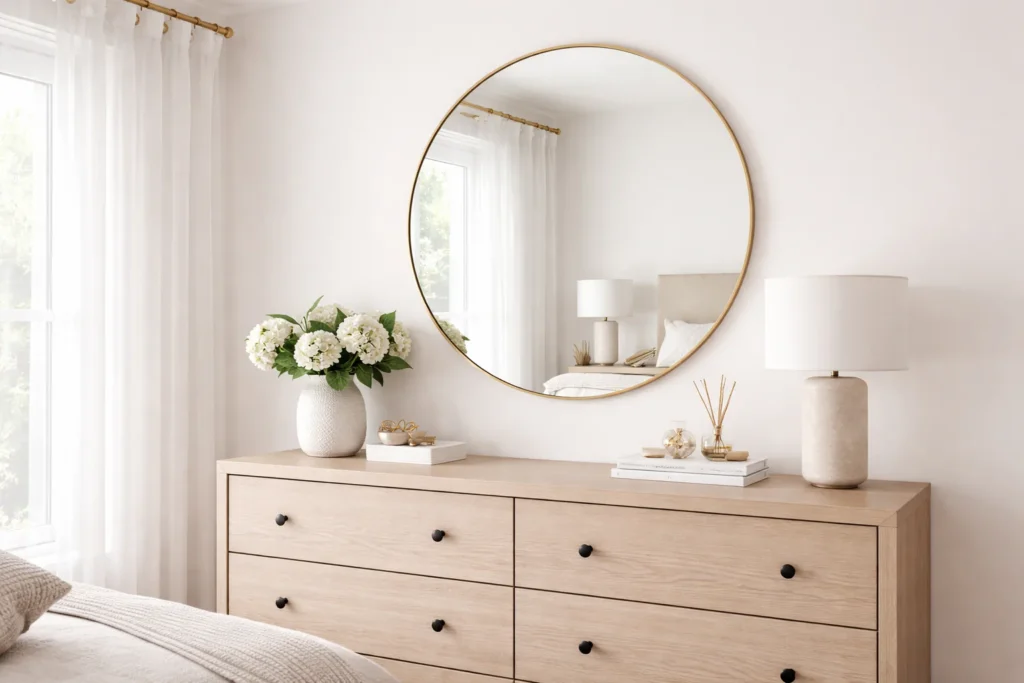 Add a vintage or scalloped mirror above the dresser