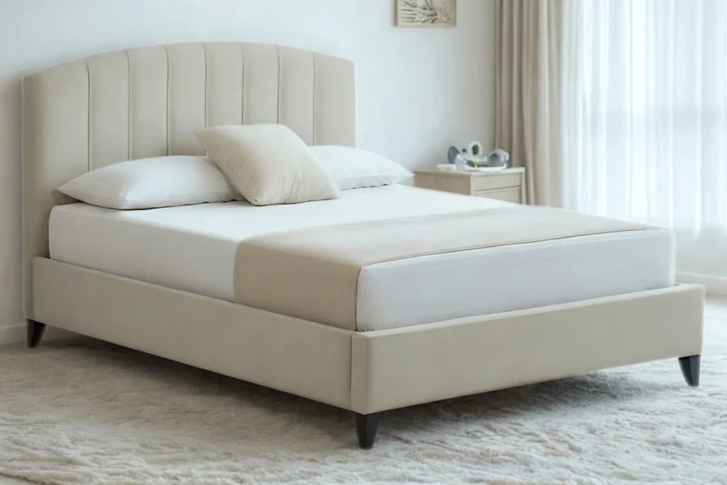 Start with a curved or upholstered headboard