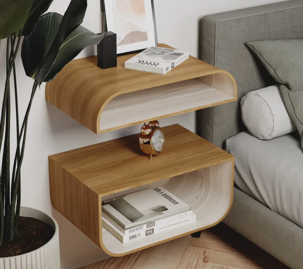 Replace bulky nightstands with floating shelves or wall-mounted sconces.