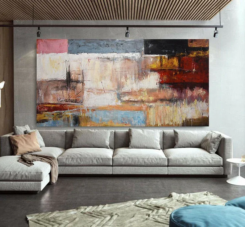 Oversized abstract painting in muted earth tones. 