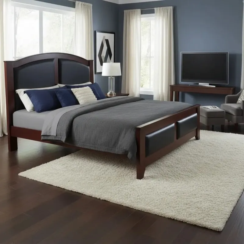 Get a dark wood or leather upholstered bed frame. 