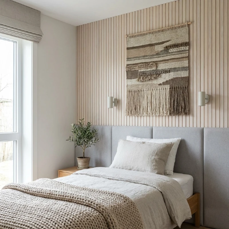 Vertical wood slats or paneled wall. 
