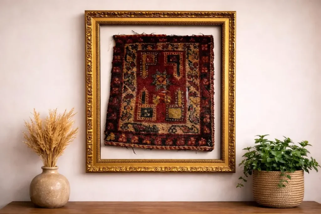 A vintage Moroccan or Turkish kilim hung as art. 