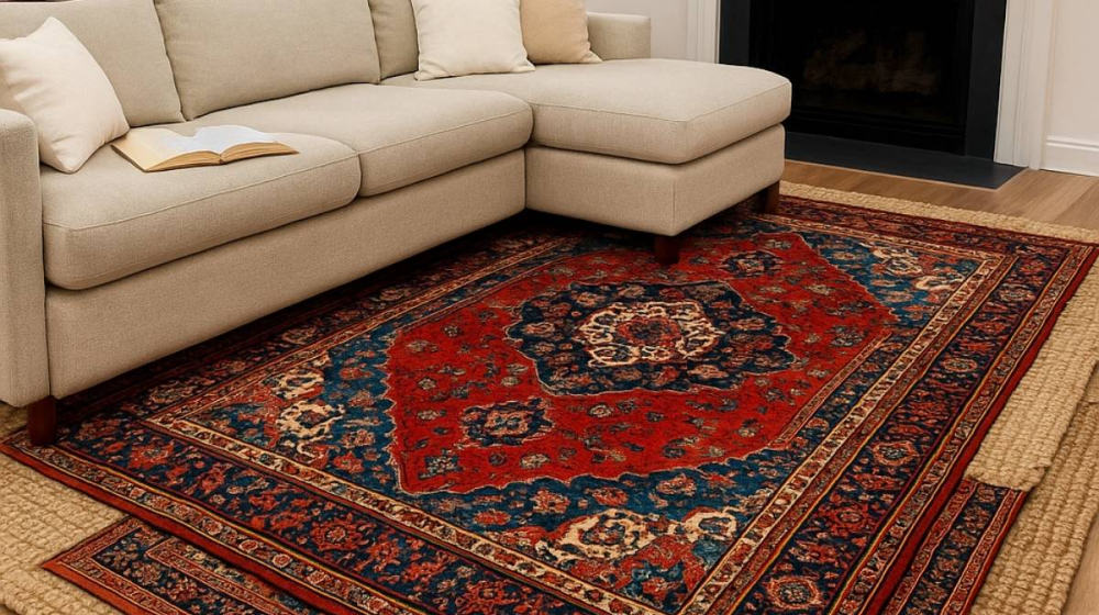 Layer rugs with deep colors and worn texture. 