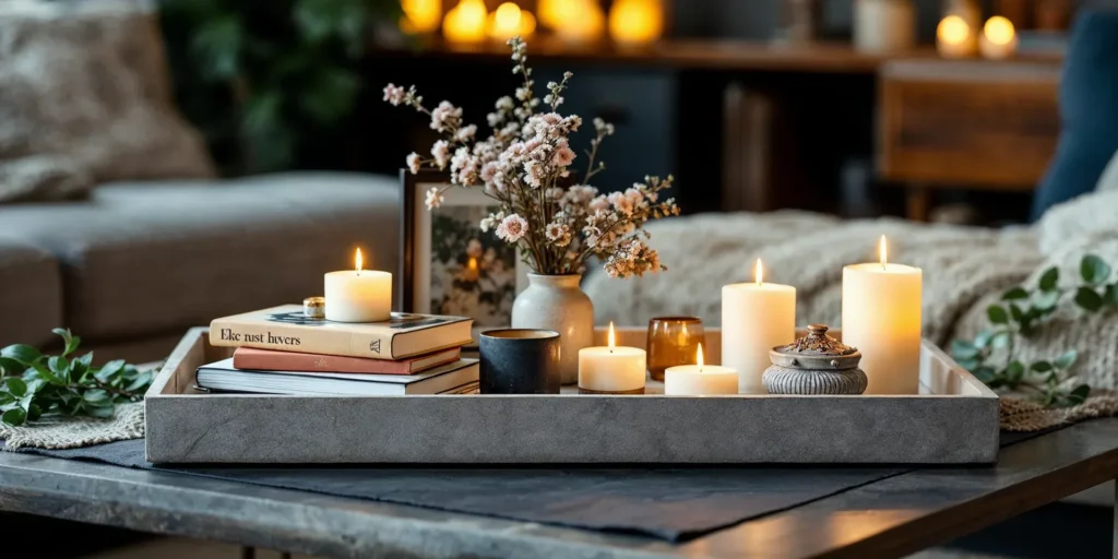 Style a tray with three meaningful objects. 